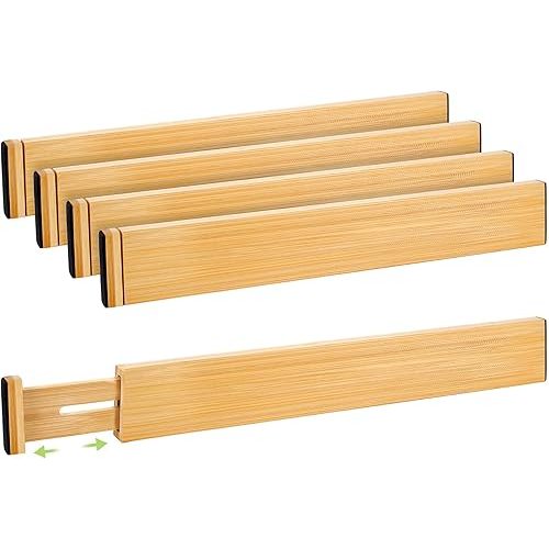 Drawer Divider, Adjustable Bamboo Kitchen Drawer Organizer, Spring Loaded Drawer Organizer, Dresser Separators for Kitchen, Bathroom, Clothes, Office Desk Storage (Natural, 4 Pack Large)