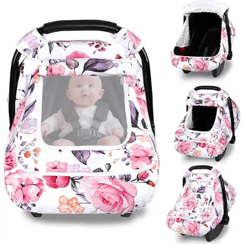 Winter Car Seat Cover Baby with Sunshade & Dual Zipper Windows - Minky Bubble Lined Windproof Soft Shell, Warm Newborn Car Seat Canopy Covers, Elastic Bottom for Stroller & Infant Car Seat, Floral