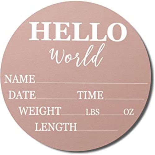 Hickory Hollow Designs - Baby Announcement Sign for Newborn Boys and Girls (Color Bases) - Hello World Nursery Decor Sign & Photo Prop for Babies Made of Birch Wood - 6" Circle Board (Pink)