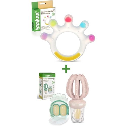 Large-Palm Baby Teether Combo & Octopus Baby Food Feeder（Blush）