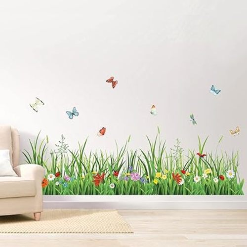 wondever Green Grass Wall Corner Stickers Flowers Butterflies Baseboard Skirting Line Wall Decals for Bedroom Living Room (W:52 inches)