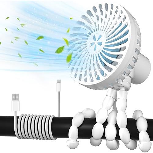 RUN HELIX Stroller Fan 3000mAh Battery Operated Fan with 3 Speed can Work 4-12 Hours,Personal Portable Fan with Flexible Tripod Clip on Student Bed Desk Bike Crib Traveling-Car Seat Fan White