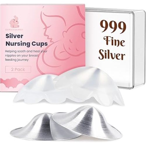 Original 999 Pure Silver Nursing Cups with Silicone Pads, Nipple Shields for Nursing Newborn Essentials, Silver Nipple Covers for Breastfeeding, Silver Nipple Guards for Soothing and Healing (Large)