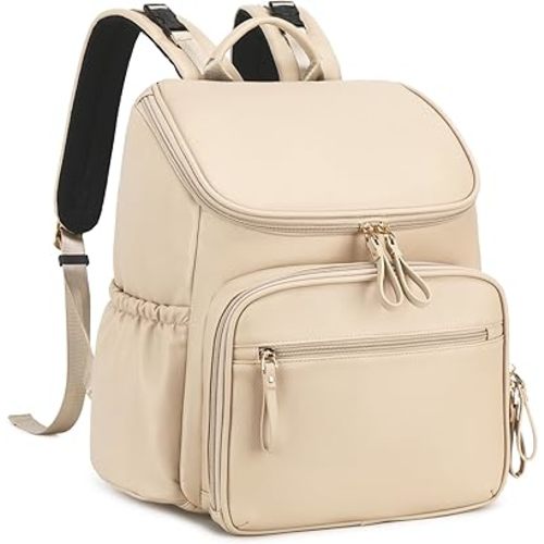 Diaper Bag with Stroller Buckle, Water-Resistant Travel Backpack with Insulated Pockets (Faux Leather, Beige)
