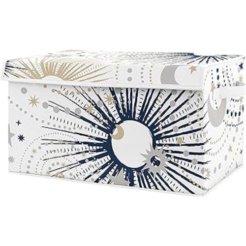 Sweet Jojo Designs Star and Moon Boy or Girl Small Fabric Toy Bin Storage Box Chest For Baby Nursery or Kids Room - Navy Blue, Gold, and Grey Celestial Sky Stars Gender Neutral Unisex