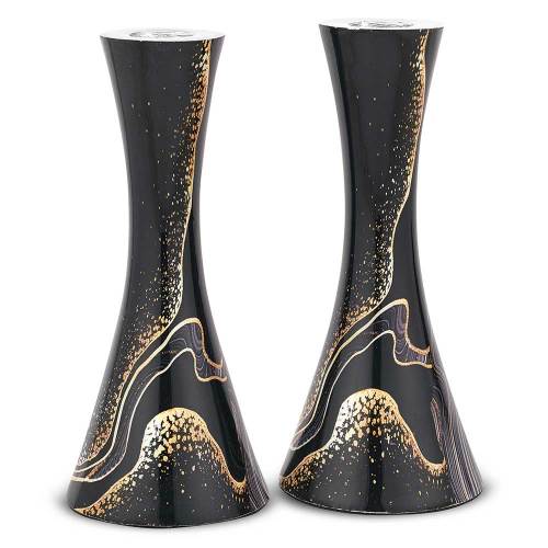Modern Marbleized Metal Candlesticks - Black Burst