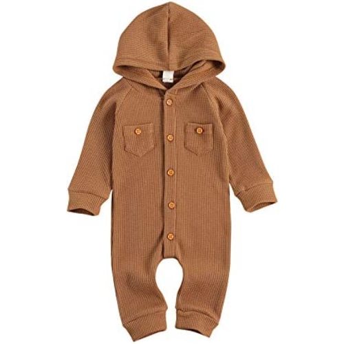 Ynibbim Winter Newborn Baby Boy Girl Solid Romper Unisex Infants Hooded Outfit Clothes Waffle Cotton Button Jumpsuits
