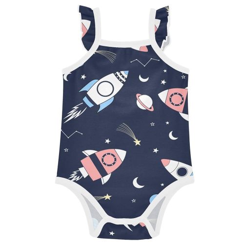 Aflyko Baby Girls' Bodysuit Blue Pinks Spaceship Shooting Star Sleeveless Ruffle Newborn Cotton Clothes