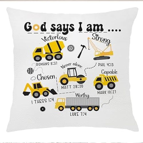 Construction Decor for Boys Room, God Says I am Christian Pillow Covers 18x18, Construction Truck Pillow Covers for Couch Bed, Christian Decorations for Living Room Bedroom Home