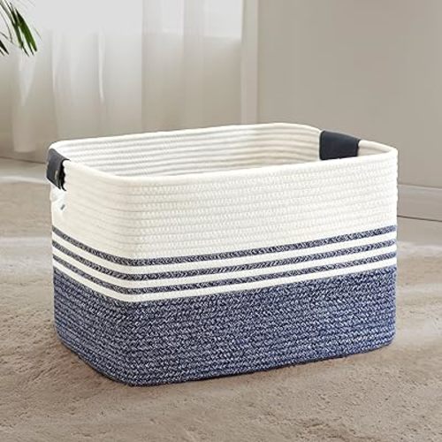 72L Large Laundry Basket with Leather Handles for Living Room Storage, Woven Rope Baskets Bin for Blanket, Kids Toy, Gifts, Wicker Hamper for Bedroom Dirty Clothes, 22"x17"x12" Denim Blue