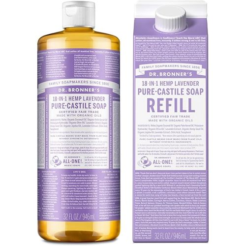 Dr. Bronner's Pure-Castile Liquid Soap Bottle & Refill Carton - Made with Regenerative Organic Certified Oils, 82% Less Plastic-18-in-1 Uses for Face, Body Wash, Hand Soap Refill- Lavender,32oz