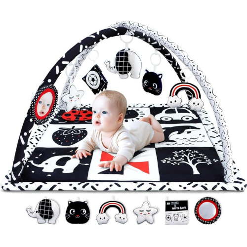 Black and White Baby Gym Play Mat with 6 Toys Tummy Time Activity Mat for Babies 0-6 6-12 Months High Contrast Baby Gyms & Sensory Toys Newborn Brain Development Infant Play Mat Baby Gifts