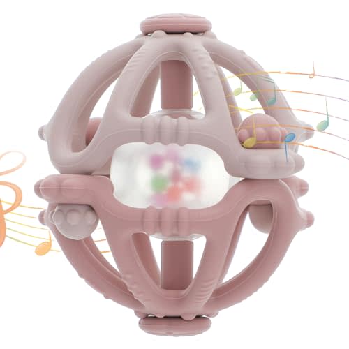 Stereo Rattle Teether, Sensory Teething Toys for Baby, Developmental Infant Toys Gifts for Boys Girls, BPA Free (Powder Rose/Dusty Lilac)