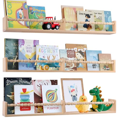 birola Nursery Book Shelves for Kids Rooms Set of 3,Wall Bookshelves for Kids Designed with Decorative Beads,Floating Nursery Shelves (31inches Natural)