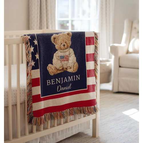 Teddy Bear with American Flag Background Woven Blanket, Personalized Name, Keepsake Blanket,