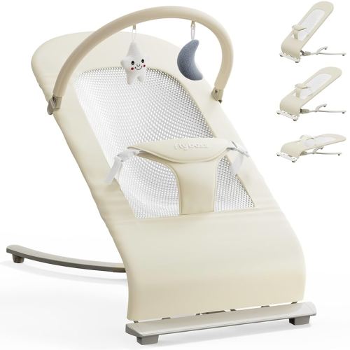 3-in-1 Portable Baby Bouncer & Rocker Chair for Newborn to Toddler - 4 Adjustable Recline Positions, Breathable Cotton Fabric, Natural Vibration, Supports Up to 33 lbs (Oatmeal Khaki)