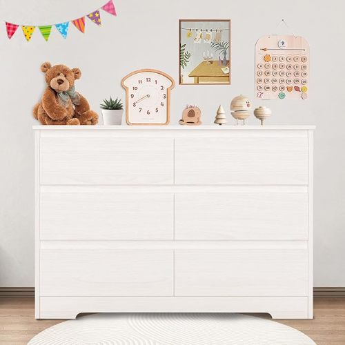 White 6 Drawer Chest of Drawers for Bedroom, Wide Chest of Drawers No Handles, Wood Storage Cabinet for Living Room, Hallway, Entryway