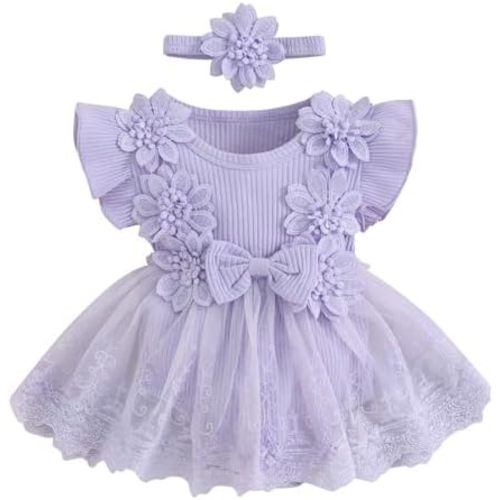 Infant Baby Girl Lace Romper Baby Tulle Dress Romper Flowers Bodysuit Spring Summer Festival Clothes with Headband