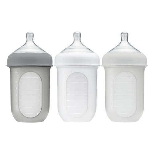 Boon Nursh Reusable Silicone Pouch Baby Bottle, Air-Free Feeding, Gray Multi Pack 8 Oz 3 Pk