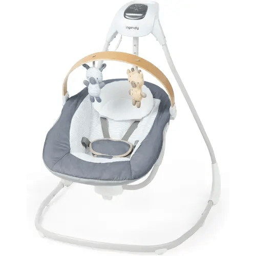 Ingenuity SimpleComfort Compact Soothing Swing, Rotating Toy Bar, Rotating Seat, 6 Speeds, for Ages 0-9 Months, Up to 20 Pounds - Chambray