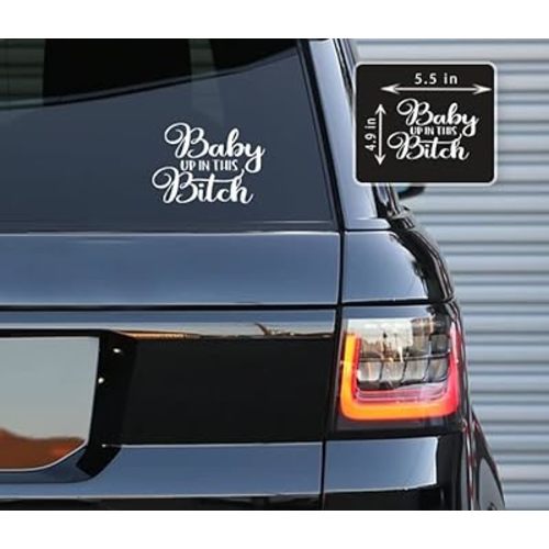 Baby Up in This Bitch Vinyl Decals Stickers for Cars, Van, Trucks, Laptop (White, 5.5" x 4.9")