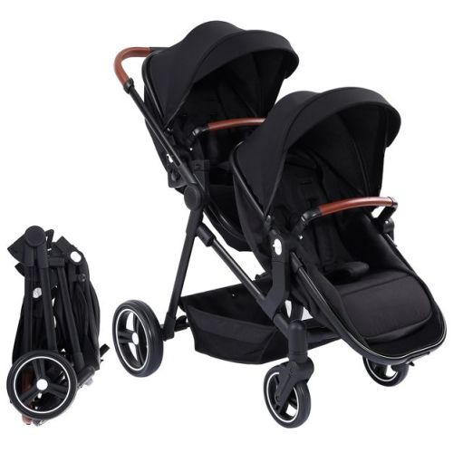 Garvee Double Stroller Track Tandem Stroller for Infant and Toddler, Foldable Pushchair Bassinet Pram, Large Storage Basket and Canopy, Black