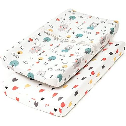 TILLYOU Changing Pad Cover Set in Soft Jersey Material - Fits 32"/34''x16" Contoured Pad for Babies, Bib Bear & Colorful Love