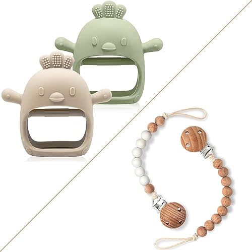 Baby Teething Toy Set for 0-6 6-12 Months Baby, Food Grade Silicone Teething Mitten with Hardwood Teether Clips, Bpa Free