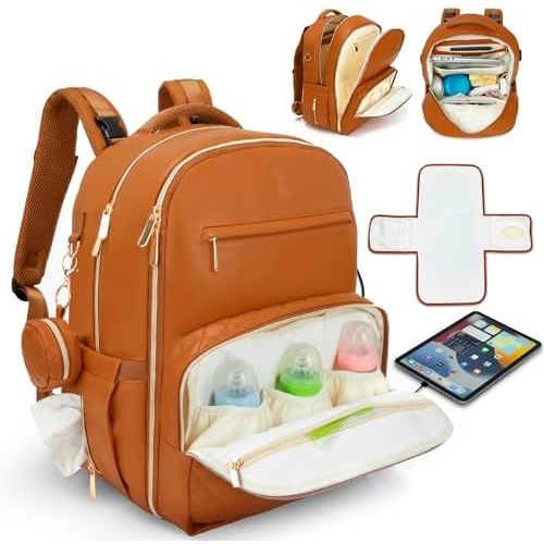 Award-Winning Premium Leather Diaper Bag Backpack – Stylish, Durable, Waterproof Vegan Leather with PEVA Changing Pad & Baby Headrest, Travel-Friendly, Organized for Busy Parents