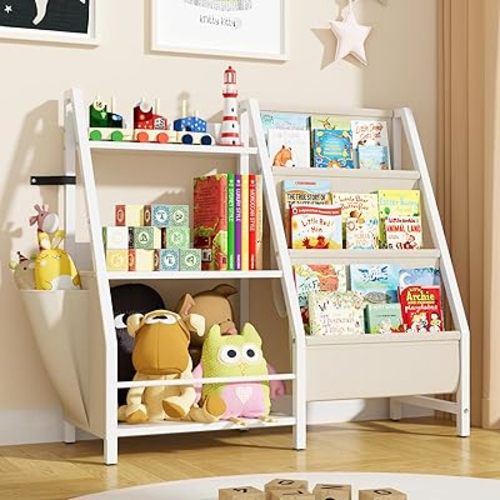 KIDINIX Kids Bookshelf and Toy Storage Organizer, Linen Hanging Bookrack for Kids Rooms, Nursery, Playroom, 3-Tier Montessori Bookcase for Toddler Story Book, Plush Doll, White