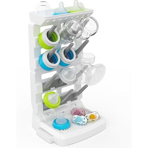 Baby Bottle Drying Rack for 12 Bottles, Space Saving Countertop Vertical Standing Bottle Dryer Rack for Baby Accessories & Pump Parts (Large White&Grey)