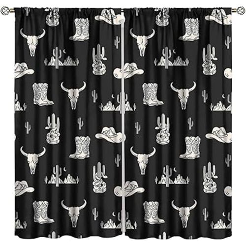 Western Bull Skull Decorative Curtains, Rustic Farmhouse Cowboy Cactus Boots Cowboy Hat Pattern Window Drapes, for Living Room Bedroom 21(W)*45(L) 2 Panels (Decorative)