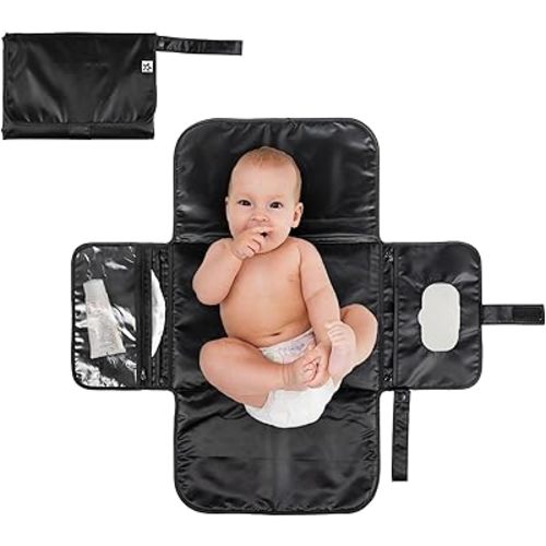 Portable Diaper Changing Pad, Foldable Waterproof Baby Change Pad for Newborn Girl & Boy with Smart Wipes Pocket (Black)