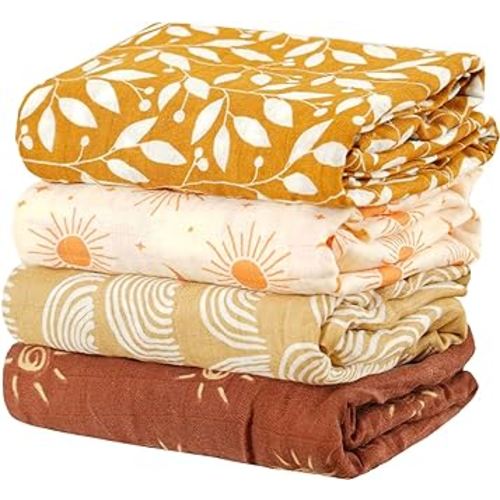 4 Set Muslin Swaddle Blankets for Newborn Baby Boys, Girls,Receiving Blankets-Cute Soft Print Baby Towel Wrap 120x110cm Baby(Sun)
