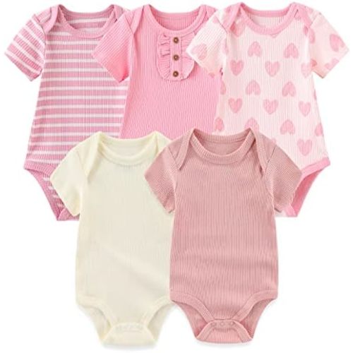 MAMIMAKA Newborn Baby Short Sleeve Bodysuit Cotton One-Piece Baby Clothes 5-Pack, 0-12 Months