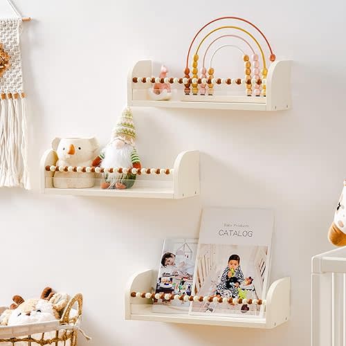 ROBOTIME Nursery Floating Shelves for Wall, 3 Pcs Wall Bookshelf for Kids, Natural Wood Nursery Book Shelves, Wall Book Shelves for Bedroom Kids (Cream Color)