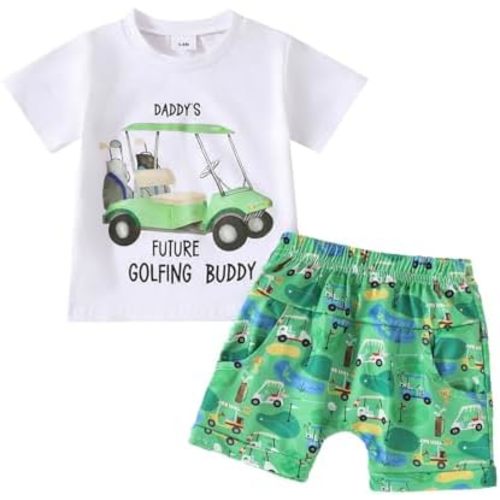 Toddler Baby Girl Boy Golf Outfit Short Sleeve Funny Letter T Shirt+Casual Shorts Golf Themed 2Pcs Sport Outfit