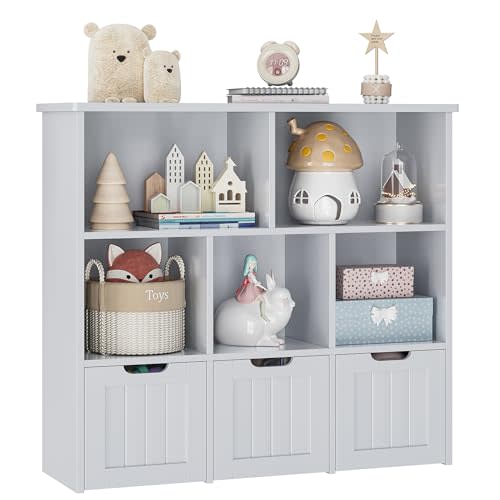FOTOSOK Toy Storage Organizer with 3 Movable Drawers, Floor Storage Cabinet Toy Chest with Hidden Wheels and 5 Storage Cubbies, Multifunctional Storage Chest for Playroom, Grey
