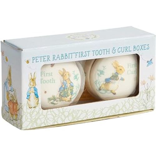 Enesco Beatrix Potter Peter Rabbit Tooth and Curl Boxes Baby Nursery Keepsake Set, 1.26 Inch, White