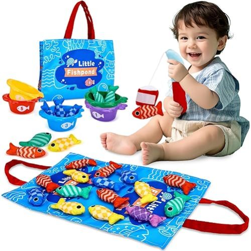 Montessori Toys for 1 Year Old - Cloth Fishing Game with Stacking Cups, Baby Toys First Birthday Gift 12-18 Months Toddler Toys for 1 2 3 Year Boy Girl