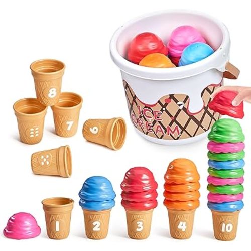 JoyCat Ice Cream Preschool Learning Activities Counting and Color Sorting Set Stacking Toys for Kids 3-5, Safety Fine Motor Skills Toy, Math Learning Resources Easter Basket Stuffers for Toddler 30PCS
