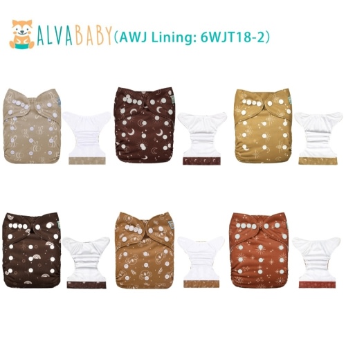 6-Pack AWJ Cloth Diapers with 6 Bamboo Inserts (4 Layers) - One Size Adjustable & Reusable Pocket Diapers for Summer