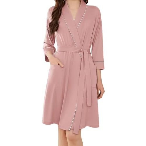 Ekouaer Women Robes Shawl Collar Bathrobe Short Kimono Robe Soft Knit Bathrobes Ladies Sleepwear with Pockets S-XXL