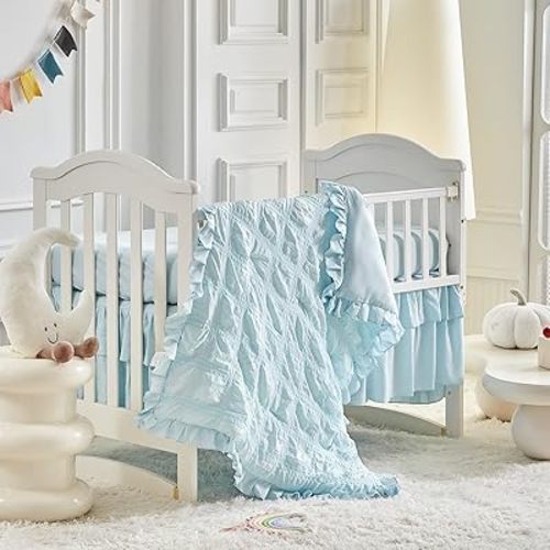 Ruffled Crib Bedding Set Baby Boho Quilted Comforter with Fitted Sheet and Bed Skirt - Cute Soft Breathable Seersucker Ruffled Shabby Chic Bedding Soft Blanket Design - Blue