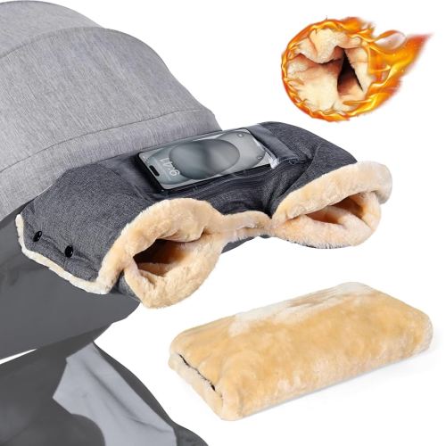 Orzbow Faux Sheepskin Stroller Gloves with Phone Pockets, Winter Extra Thick Mittens for Baby Stroller, Cozy & Warm, Anti-freeze Hand Muff Easily Attaches to Stroller for Parents Caregivers, Dark Gray