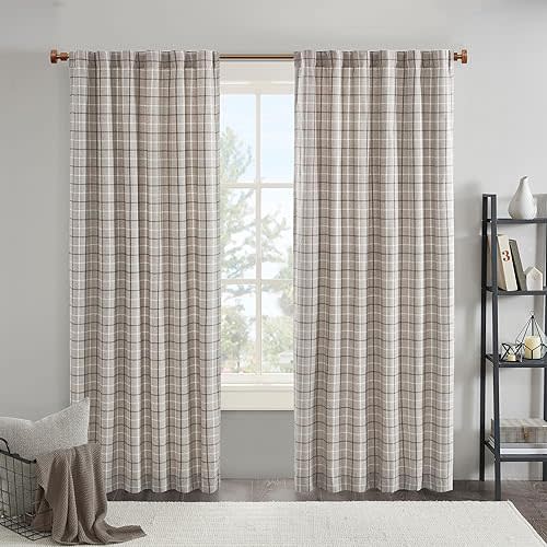 Madison Park Anaheim Cabin Plaid Curtain Window, Thermal Insulated Fleece Lining, Living Room Decor Room Darkening Drape for Bedroom, 1-Single Panel Pack, 50" x 84", Rod Pocket, Brown