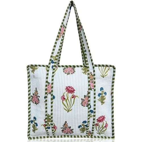 100% Cotton Quilted Tote Bag For Women 18x16– Large Zipper Reusable Beach Bag & Travel Bag Purse