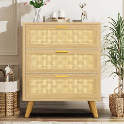 Capri 3 Drawer Dresser, Rattan Storage Wide Chest of Drawers, Night Stand Storage Cabinet for Women, Kids, Baby, Nursery, Girls, Bedroom Living Room Furniture, Natural