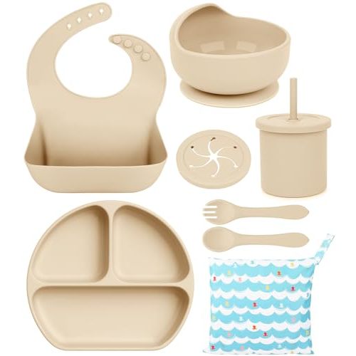Silicone Baby Feeding Set, Complete Baby Led Weaning Supplies Bpa Free, 8 Pack Baby Eating Supplies with Infant Suction Bowl and Plates, Bowl Cup Spoon and Fork Set, Infant Utensils Dish for Baby