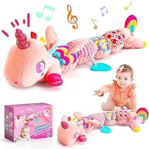 Baby Unicorn Toys 0-12 Months Infant Musical Stuffed Toy with Teether, Rattle, Sensory Crinkle - Montessori Toys Gift for 0-3-6-12 Month Girls Christmas Basket Stuffers for Newborn Gifts